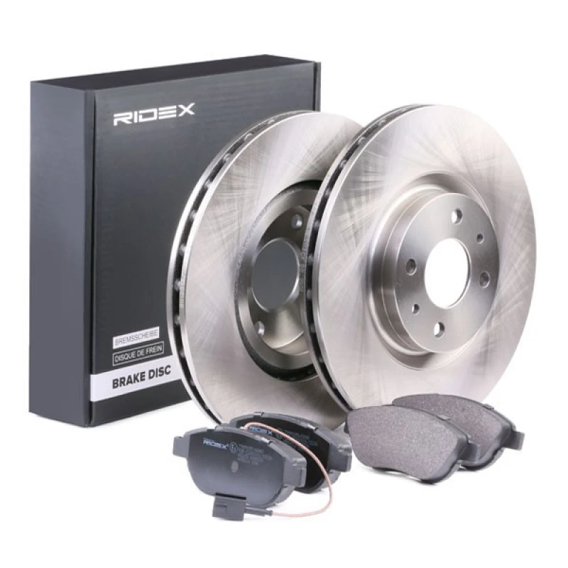 Image of RIDEX 3405B0112 Brake disc and pads set Front Axle, Brake Disc Type: Vented, incl. wear warning contact Brake Set,disc brakes (3405)