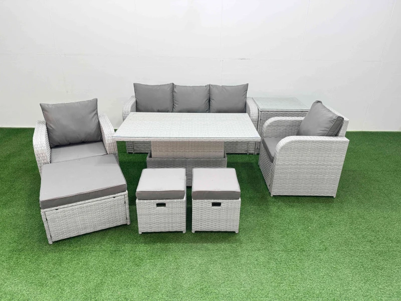 Image of Fimous PE Rattan Garden Furniture Set Reclining Chair Sofa Lounge Sofa Set Adjustable Lifting Dining or Coffee Table Side Table 3 Stools Light Grey Li