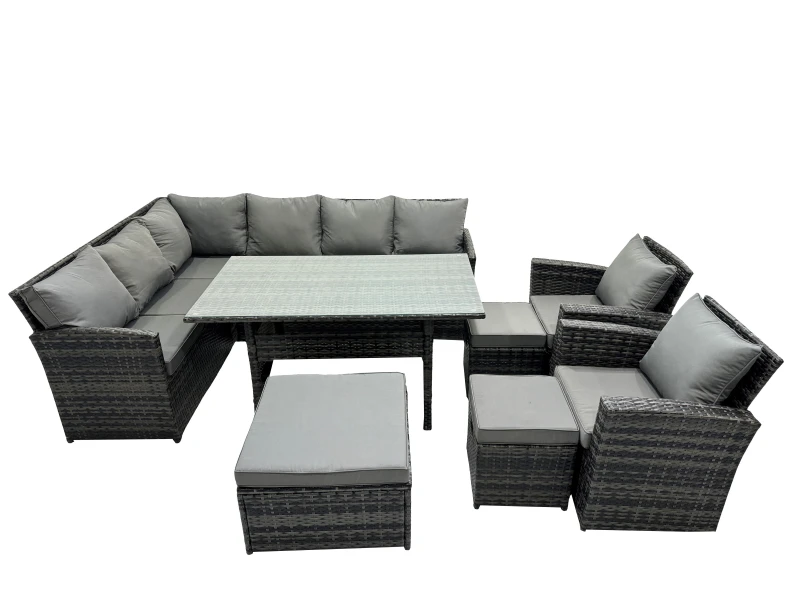 Image of Fimous 11 Seat Dining Table Corner Sofa Set with 3 Stool 2 Chairs in Dark Grey Dark Grey Unisex