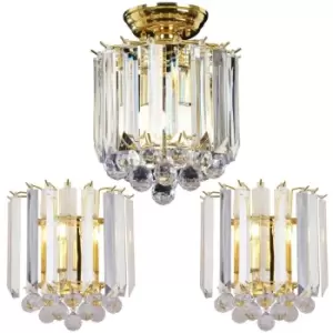 Image of 2 Lamp Ceiling 2x Matching Twin Wall Light Pack Semi Flush Brass Acrylic Shade