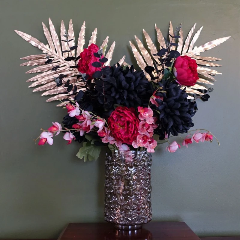 Image of Leaf 80cm Gold Palm & Peony Glass Vase in Black Unisex