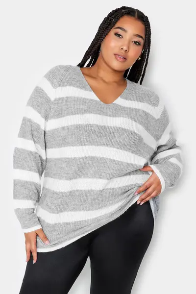 image of Yours V-Neck Knitted Jumper Grey