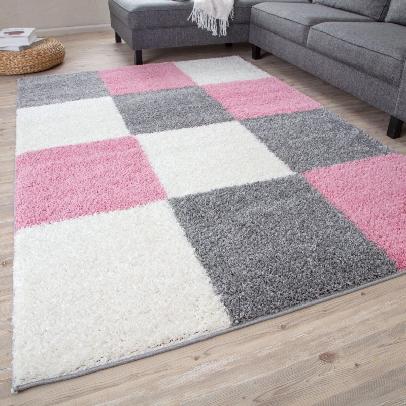 Image of THE RUGS Fluffy & Soft Shaggy Rugs Living Room Rug in Pink - Elegant Geometric Design Carpets For Bedrooms & Kitchen 381 Size: 80cm x 300cm Pink