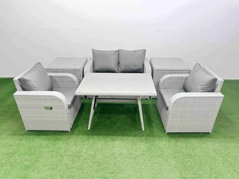 Image of Fimous Light Grey PE Wicker Rattan Garden Furniture Set Reclining Chair Sofa Light Grey Unisex