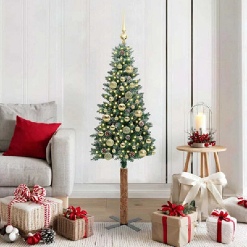 Image of vidaXL Slim Christmas Tree with 150 LEDs, Gold Balls Green and White 150 cm, Green 3394890