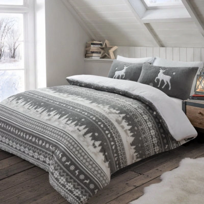 Image of Velosso Teddy Fleece Duvet Cover & Pillowcase Set, Cosy Winter Bedding, Nordic Reindeer Pattern, Festive Scandinavian Style Decor - Grey