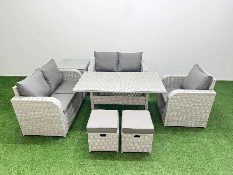 Image of Fimous High Back Poly Rattan Garden Furniture Set with Reclining Chair Loveseat Sofa Rectangular Dining Table Indoor Outdoor Patio Set 2 Stool Side T