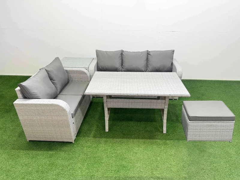 Image of Fimous 6 Seater PE Rattan Wicker Garden Furniture Patio Conservatory Sofa Set with Rectangular Dining Table 3 Seater Sofa Love Sofa Big Footstool Side