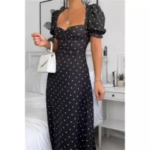 Image of I Saw It First Black Woven Polka Dot Puff Sweetheart Tea Dress - Black