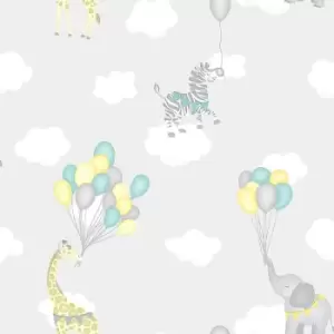 Kids Childrens Animal Balloons Playroom Wallpaper - Grey 91041 - Holden Decor