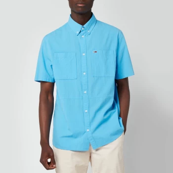 Image of Tommy Jeans Mens Regular Solid Short Sleeve Shirt - Frigid Blue - M