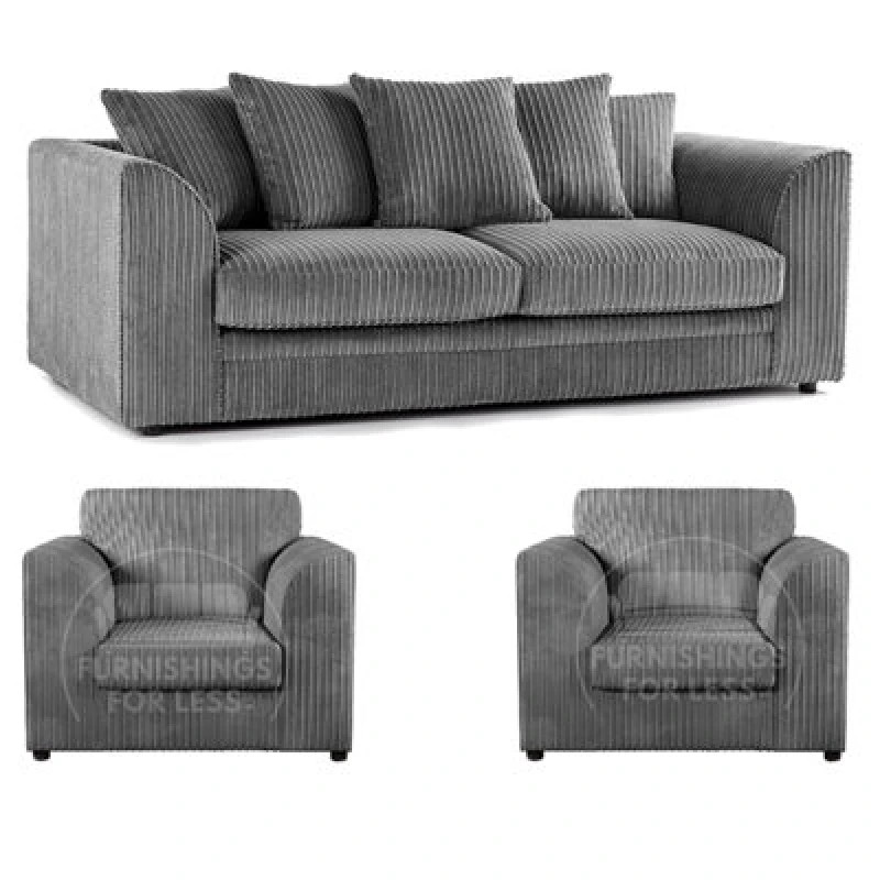 Image of Furnishings For Less UK Luxor Jumbo Cord 3 + 1 + 1 Fabric 3 Piece Sofa Suite - Scatter Back Grey
