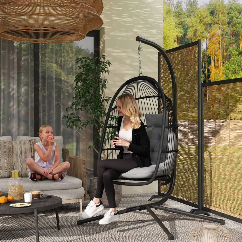 Image of Outsunny Rattan Hanging Egg Chair with Stand, Cushion, Dark Grey 84A-362V70CG