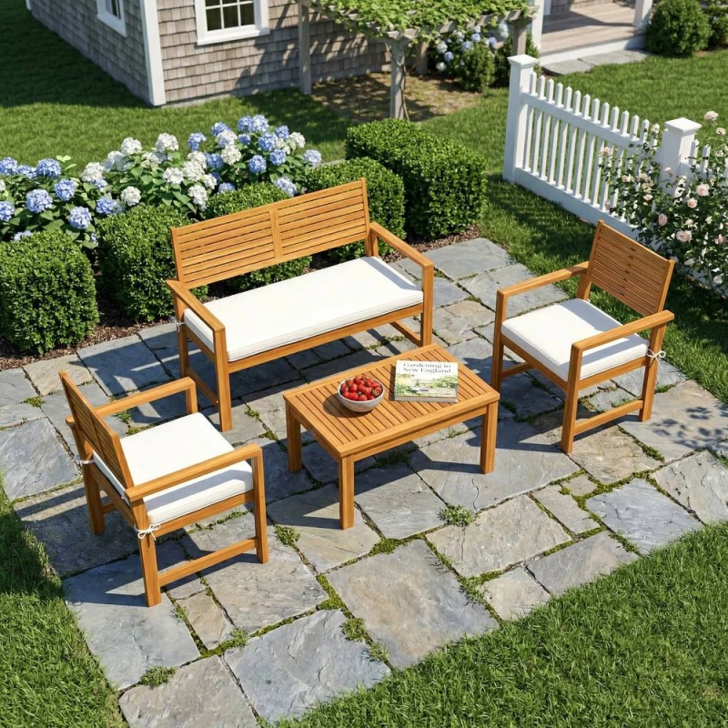 Image of OUTSUNNY 4 Seater Wooden Garden Furniture Set with Loveseat, Chairs, Table in Cream Size: 120cm Cream Unisex 120 cm