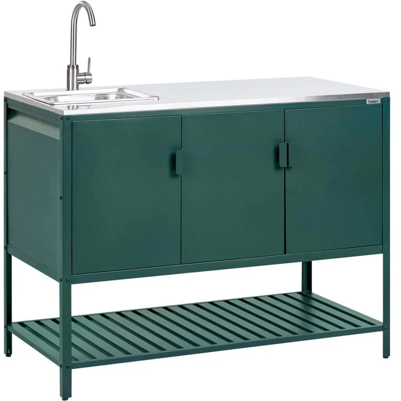 Image of Beliani Outdoor Kitchen Cabinet With Sink Maenza Metal Green