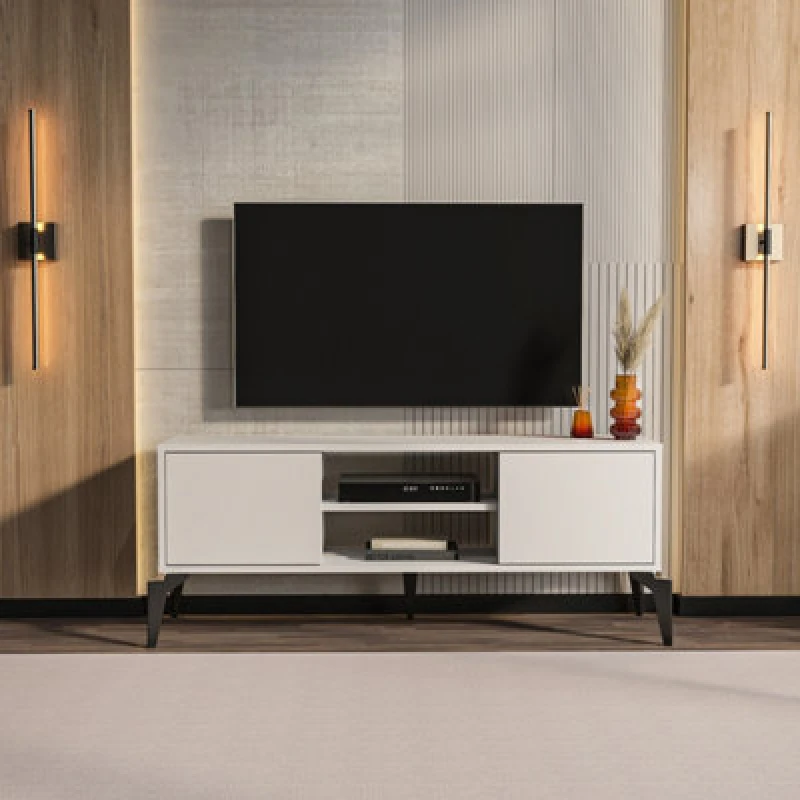 Image of Decorotika Decorotika Lojo 2 Door 2 Shelf White TV Stand for 50" TV - Size: 52 x 130 x 29.5cm - Multi - Wilko Multi