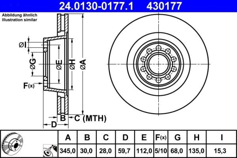 Image of ATE 24.0130-0177.1 Brake disc Vented, Coated, High-carbon Brake Disc (82)