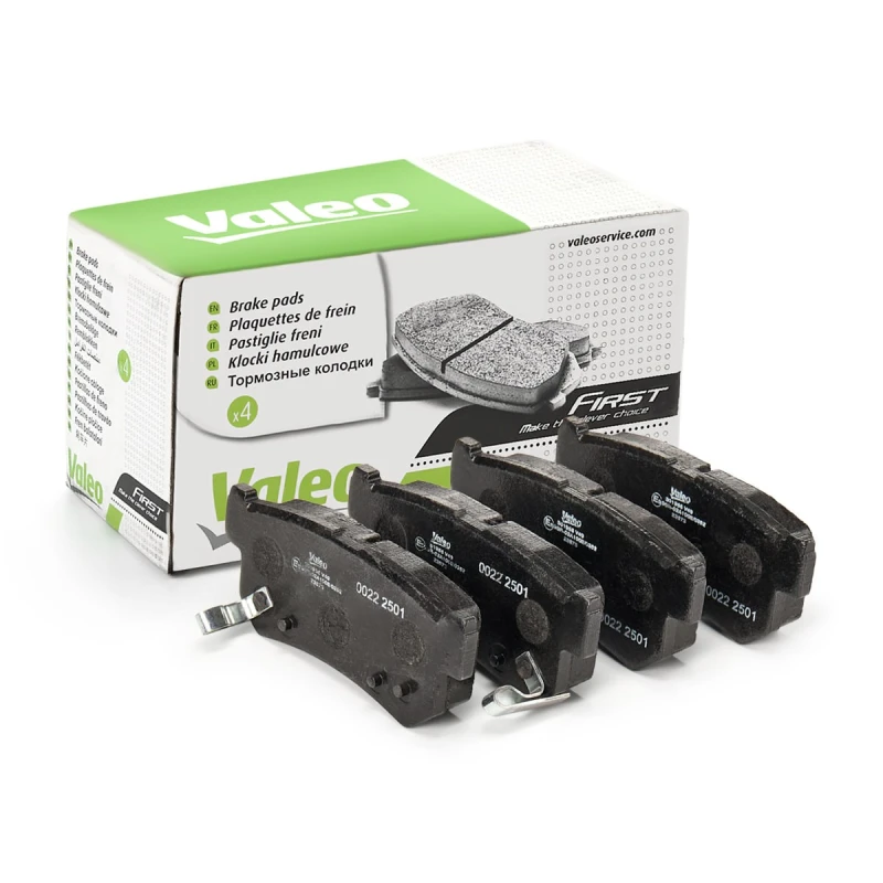 Image of VALEO 301956 Brake pad set ESSENTIAL Rear Axle, with acoustic wear warning, without anti-squeak plate Brake Pad Set,disc brake (402)