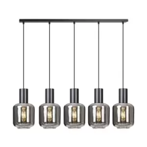 Image of Ingvar Black Bar Pendant Ceiling Light with Graphite Glass Shades, 5x E14