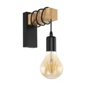 Image of LED Wall Light / Sconce Black Plate & Wood Hangman Arm 1 x 10W E27 Bulb