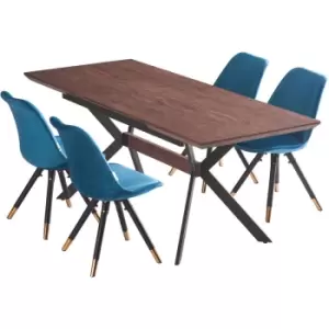 Image of 5 Pieces Life Interiors Sofia Blaze Dining Set - an Extendable Walnut Rectangular Wooden Dining Table and Set of 4 Blue Dining Chairs - Blue
