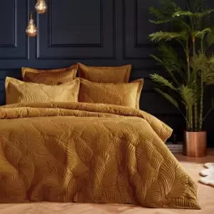 Image of Paoletti Palmeria Gold Embroidered Reversible Duvet Cover and Pillowcase Set Gold
