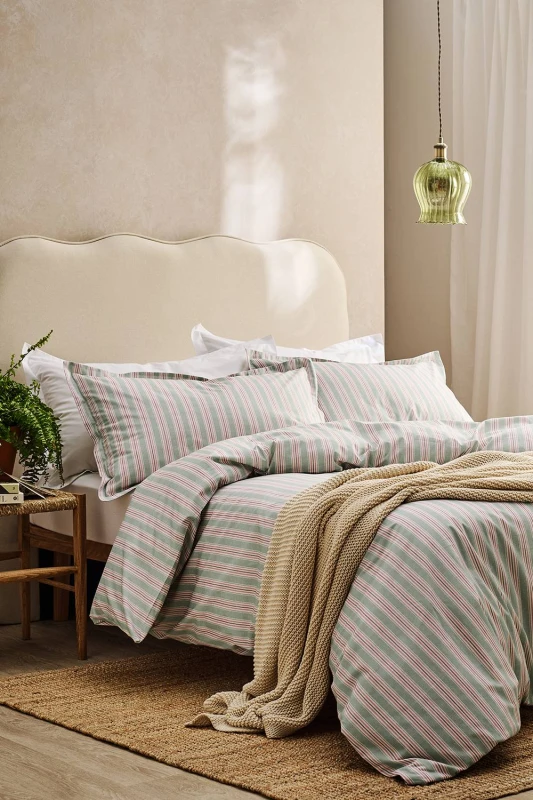 Image of CHRISTY 'Calder Stripe' Heritage Inspired Cotton Percale Duvet Cover Set in Pink Size: Super King Pink Unisex Super King