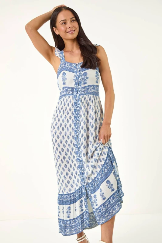 Image of Roman Womens Petite Floral Strappy Midi Dress in Blue Size: 12 Blue Female 12