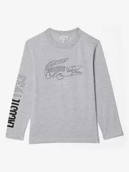 Image of Lacoste Boys Active Print Long Sleeve T-Shirt - Grey Marl, Size 5 Years