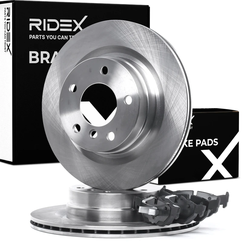 Image of RIDEX 3405B0832 Brake disc and pads set Rear Axle, Brake Disc Type: Vented, prepared for wear warning indicator, with piston clip Low-Metallic Brake S