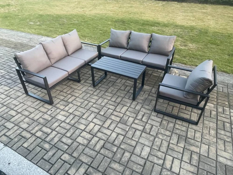 Image of Fimous Aluminium 7 Seater Garden Furniture Outdoor Patio Sofa Set with Rectangular Coffee Table Armchair Dark Grey Dark Grey Unisex