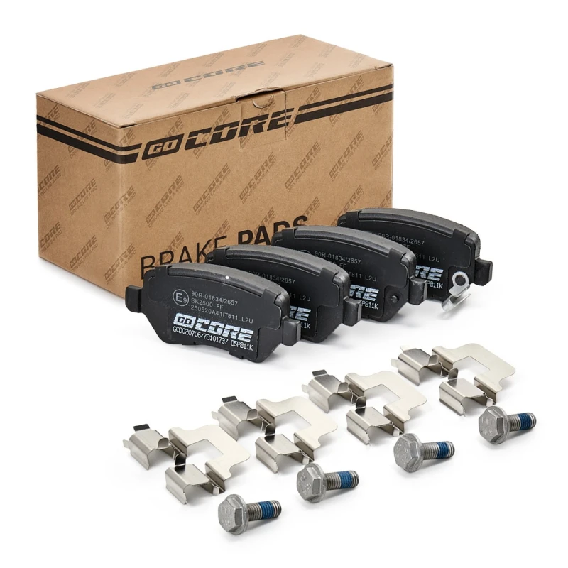 Image of goCORE GCD020706 Brake pad set Rear Axle, with acoustic wear warning, with accessories, with anti-squeak plate Brake Pad Set,disc brake (402)