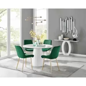 Image of Furniture Box Palma White High Gloss Round Dining Table and 4 Green Pesaro Gold Leg Chairs