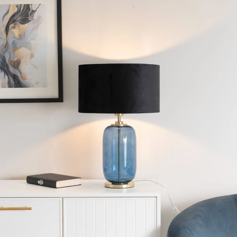Image of ValueLights ValueLights Leigh Velvet Drum Shade with Navy Blue Glass and Gold Trim Table Lamp with Bulb in Black One Size Unisex 5059406049705