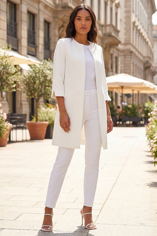 Image of Roman 3/4 Sleeve Textured Longline Smart Jacket Ivory
