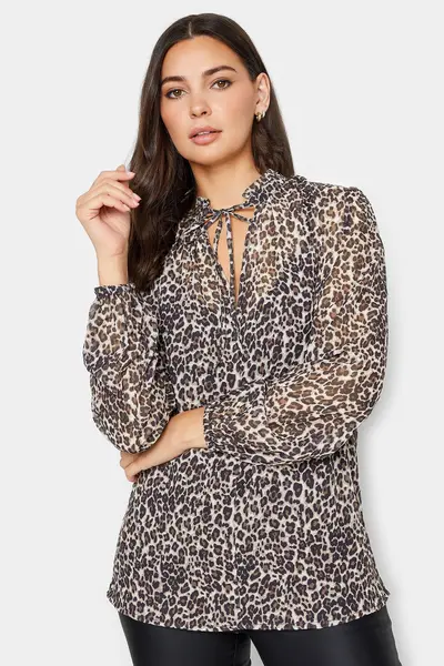 image of Long Tall Sally Tall Tie Neck Animal Print Top Brown