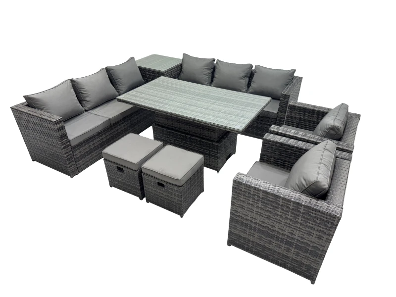 Image of Fimous 10 Seater Outdoor Corner Sofa Height Adjustable Rising Lifting Table Set With Side Table 2 Small Stools