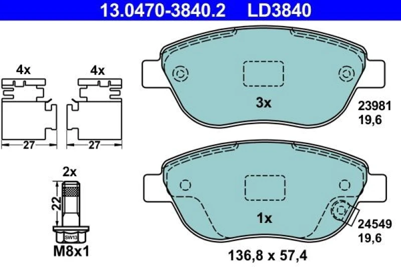Image of ATE 13.0470-3840.2 Brake pad set with acoustic wear warning, with accessories, with brake caliper screws Brake Pad Set,disc brake (402)