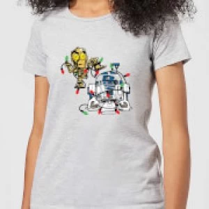 Image of Star Wars Tangled Fairy Lights Droids Womens Christmas T-Shirt - Grey - 3XL