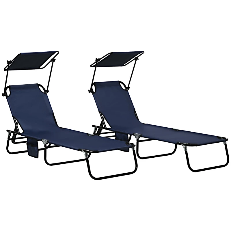 Image of Outsunny 2 Piece Folding Sun Loungers with Adjustable Backrest, Dark Blue Bright Blue