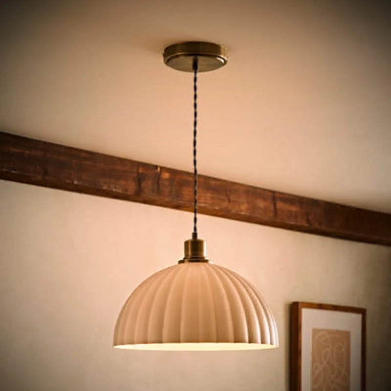 Image of Valuelights Bourton Brushed Gold Pendant Ceiling Light With Ribbed Dome Shade And Bulb