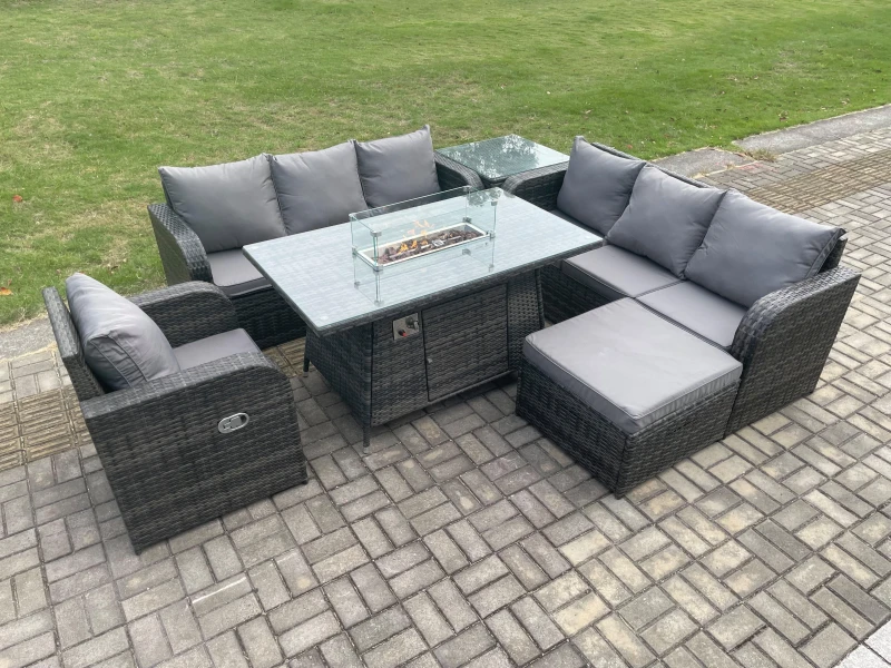 Image of Fimous Rattan Outdoor Furniture Gas Fire Pit Dining Table Gas Heater Reclining Chair 3 Seater Sofa Sets with Big Footstool Dark Grey