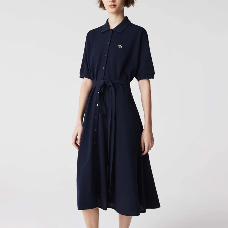 Image of Lacoste Cotton Piqu Belted Polo Dress - Blue Blue XS