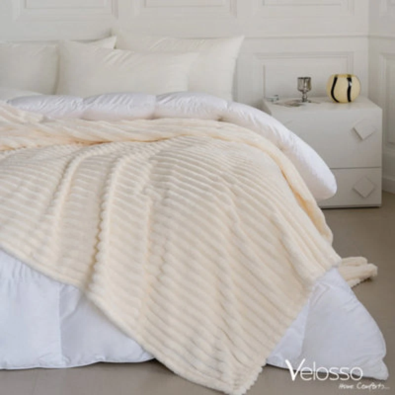 Image of Velosso Elegant Thermal Plush Ribbed Throw Blanket In Modern Style For Sofa, Bed In 200Cm X 240Cm - Ivory