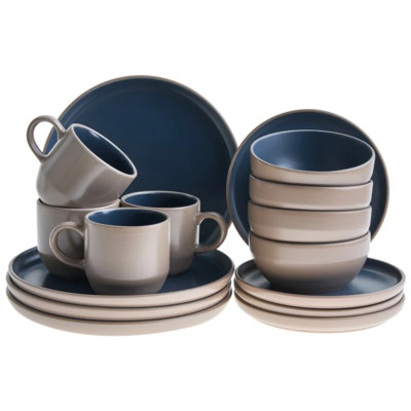 Image of Beliani Set Of 16 Dinnerware Nutmeg Stoneware Beige/ Blue