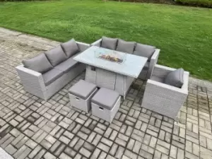 Image of Fimous 7 Seater Outdoor Dark Grey Rattan Lounge Complete Sofa Set with Gas Fire Pit and 2 Stools