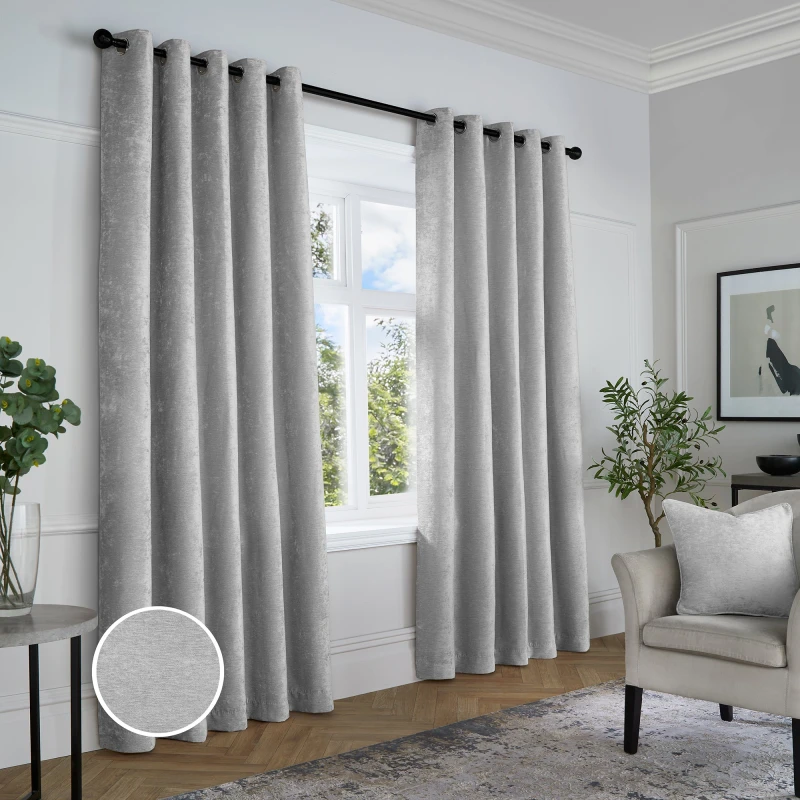Image of Curtina Textured Chenille Textured Pair of Eyelet Curtains - Grey Grey 90x90 Inch