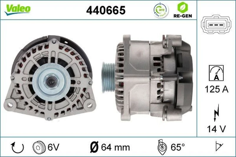 Image of VALEO 440665 Generator Alternator Charging Current: 125A, Voltage: 14V, REMANUFACTURED PREMIUM Alternator (4)