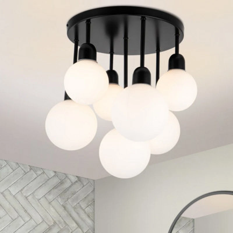 Image of Cosylyte Broome Bathroom 7 Light Modern Opal Glass Ceiling Light - Matt Black