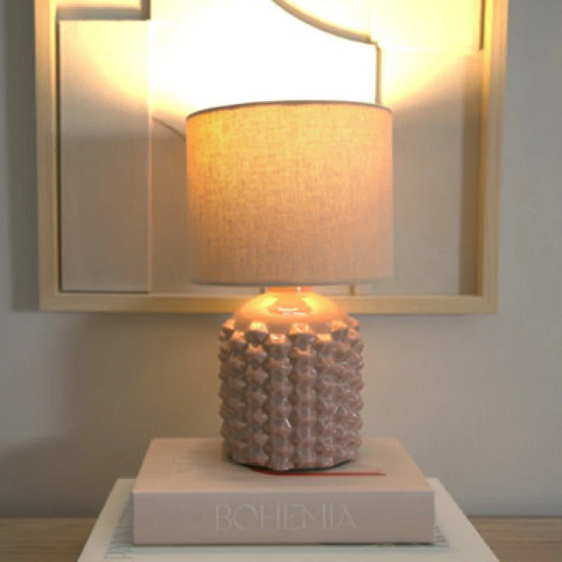 Image of ValueLights Asha Pair of Ceramic Pink Geometric Table Lamps with Drum Shades and LED Bulbs Natural